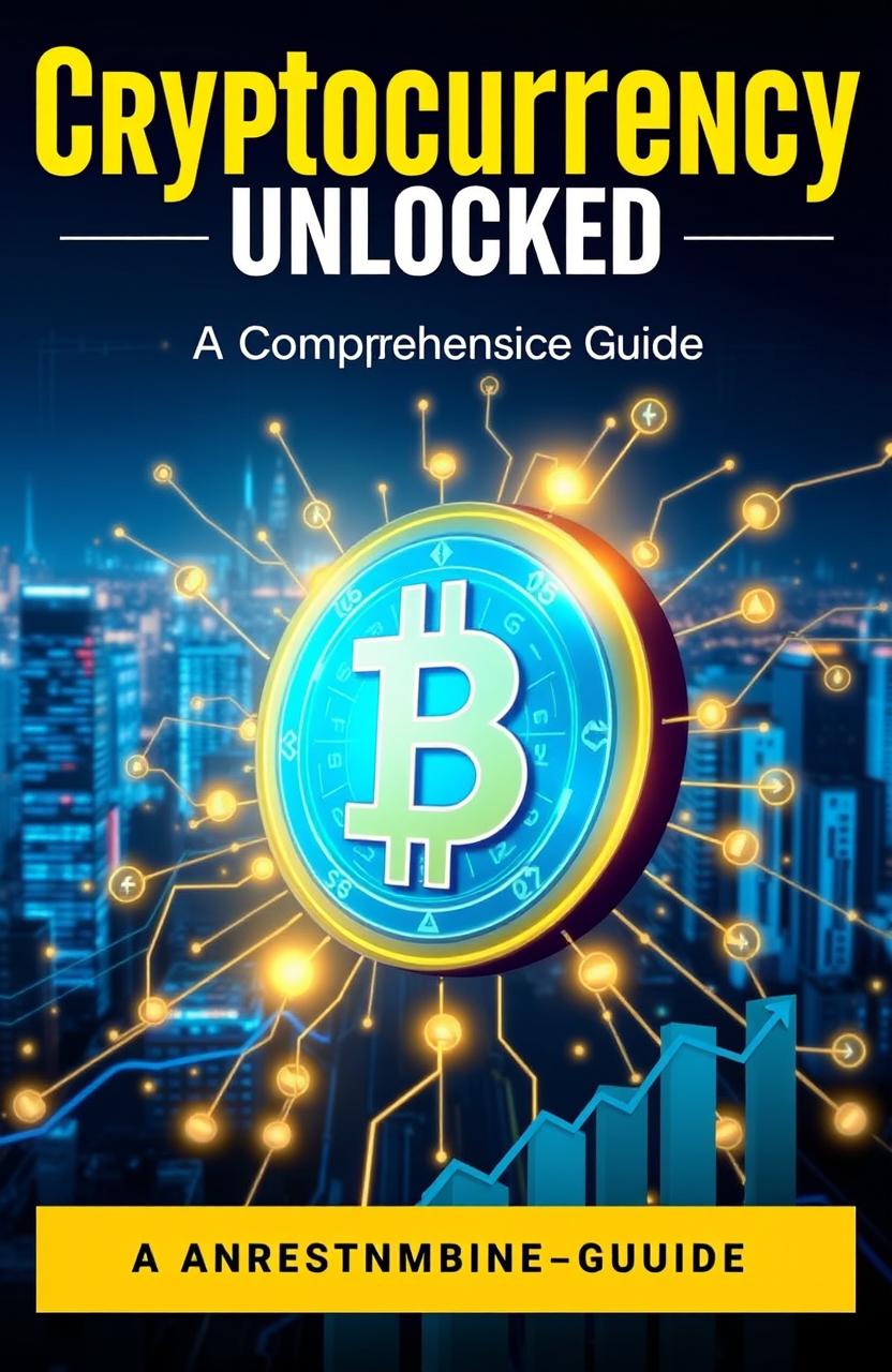 An informative e-book cover about cryptocurrency featuring a stylized digital coin, glowing and surrounded by a network of blockchain technology symbols