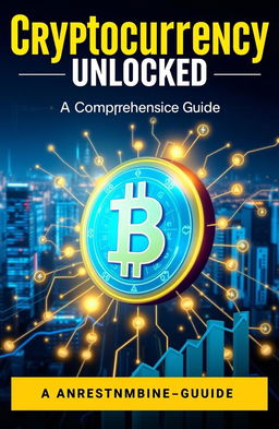 An informative e-book cover about cryptocurrency featuring a stylized digital coin, glowing and surrounded by a network of blockchain technology symbols