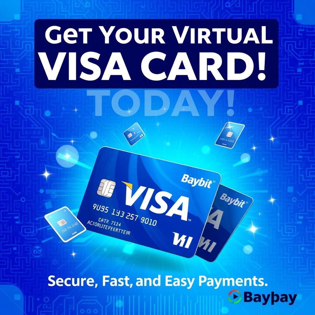 A vibrant and eye-catching promotional cover for virtual Visa cards from Baybit and Rodotpay, featuring a sleek design that includes the iconic Visa logo prominently displayed