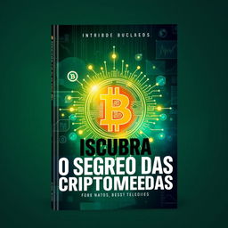 An eye-catching e-book cover about cryptocurrency titled "Descubra o Segredo das Criptomoedas" in bold, modern typography