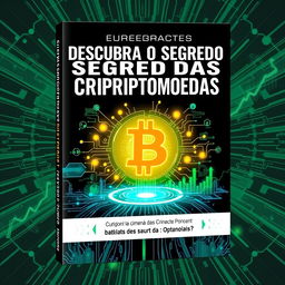 An eye-catching e-book cover about cryptocurrency titled "Descubra o Segredo das Criptomoedas" in bold, modern typography