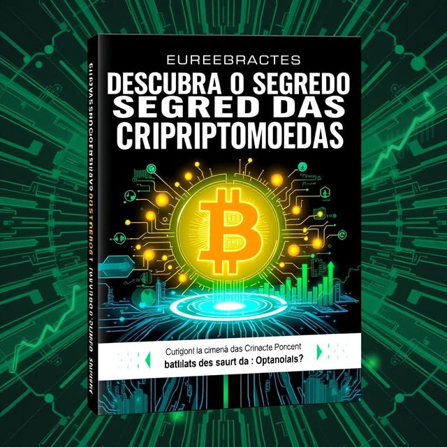 An eye-catching e-book cover about cryptocurrency titled "Descubra o Segredo das Criptomoedas" in bold, modern typography