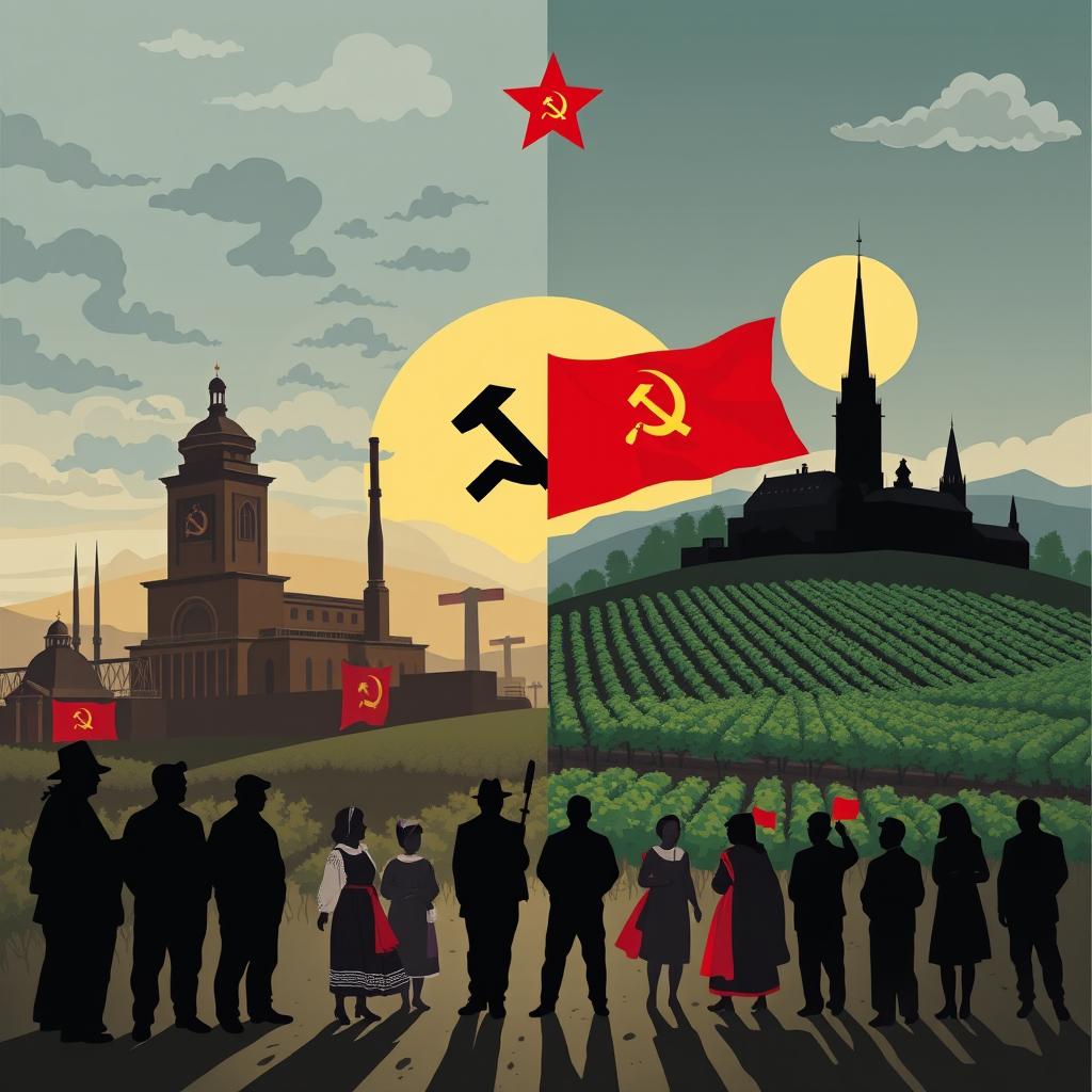 A thought-provoking illustration depicting the consequences of the establishment of the RSSM (Republica Sovietică Socialistă Moldovenească) alongside the ideologies of the USSR