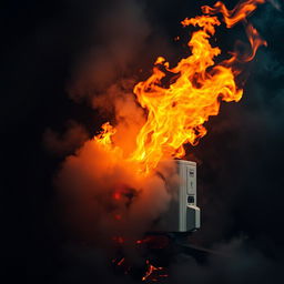 A mini split air conditioner unit bravely positioned in the heart of a raging fire, emitting a thick fog of cold mist that contrasts sharply with the vibrant flames