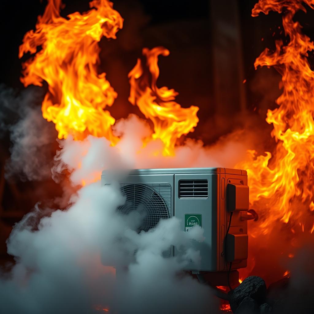 A mini split air conditioner unit bravely positioned in the heart of a raging fire, emitting a thick fog of cold mist that contrasts sharply with the vibrant flames