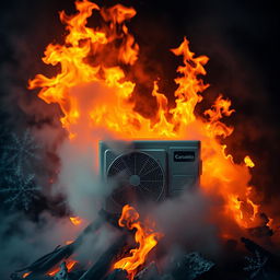 A mini split air conditioner unit bravely positioned in the heart of a raging fire, emitting a thick fog of cold mist that contrasts sharply with the vibrant flames