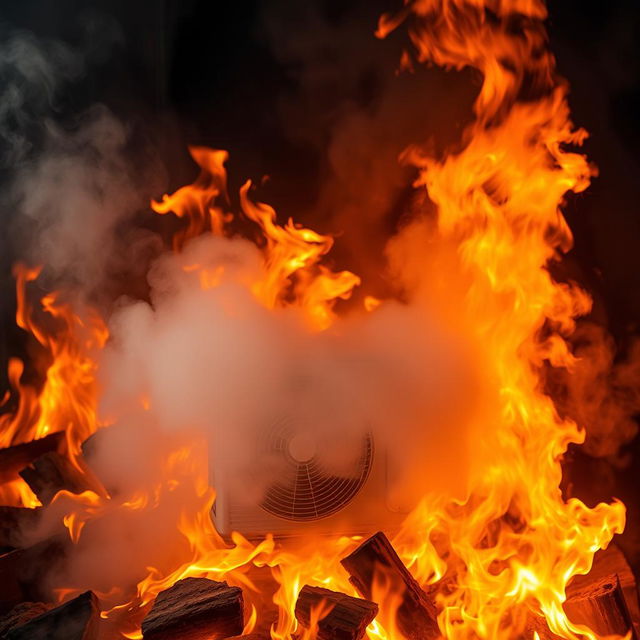 A mini split air conditioner unit bravely positioned in the heart of a raging fire, emitting a thick fog of cold mist that contrasts sharply with the vibrant flames