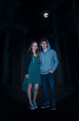 Two girls and two boys standing closely together in a dark, mysterious forest