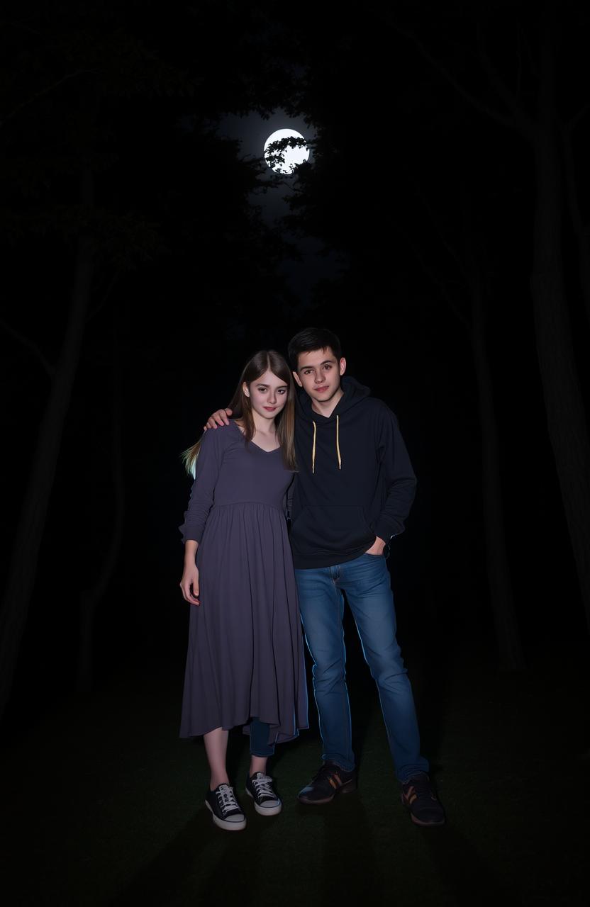 Two girls and two boys standing closely together in a dark, mysterious forest