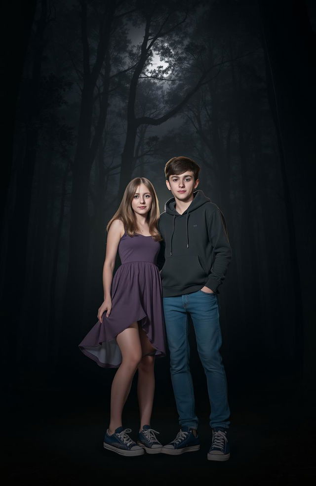 Two girls and two boys standing closely together in a dark, mysterious forest