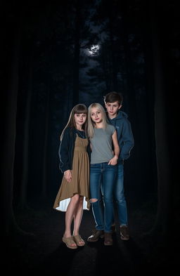Two girls and two boys standing closely together in a dark, mysterious forest