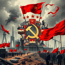 A conceptual illustration representing the consequences of the establishment of the RSFSR (Russian Soviet Federative Socialist Republic) and the ideologies of the USSR
