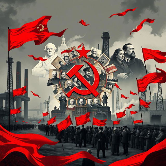 A conceptual illustration representing the consequences of the establishment of the RSFSR (Russian Soviet Federative Socialist Republic) and the ideologies of the USSR