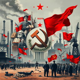 A conceptual illustration representing the consequences of the establishment of the RSFSR (Russian Soviet Federative Socialist Republic) and the ideologies of the USSR