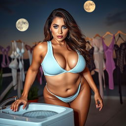 A full-body image of a 45-year-old beautiful and sexy mature woman (MILF) with long wavy brown hair and striking cyan eyes