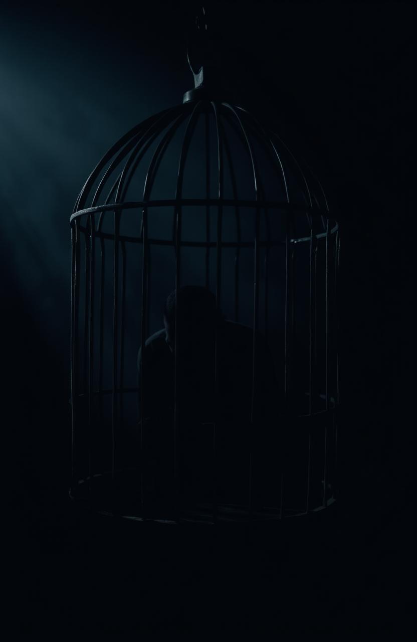 A dark, ominous cage in a shadowy environment, with the distinct silhouette of a human figure inside