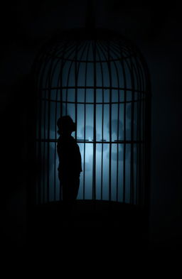 A dark, ominous cage in a shadowy environment, with the distinct silhouette of a human figure inside