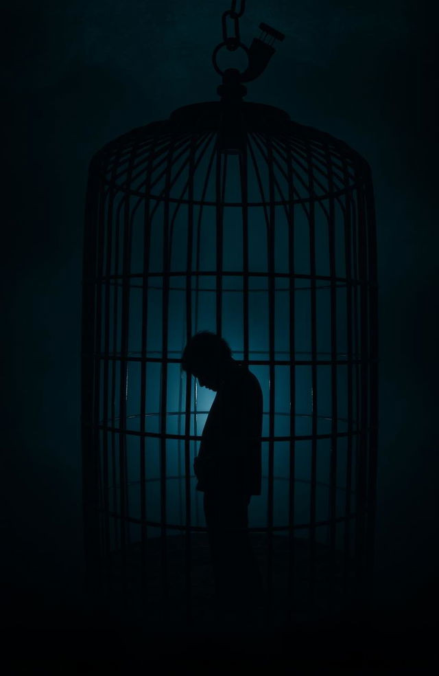A dark, ominous cage in a shadowy environment, with the distinct silhouette of a human figure inside