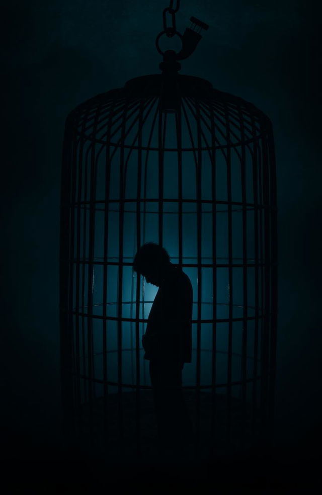 A dark, ominous cage in a shadowy environment, with the distinct silhouette of a human figure inside