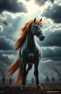 An epic scene featuring a majestic horse standing proudly in front of a battlefield
