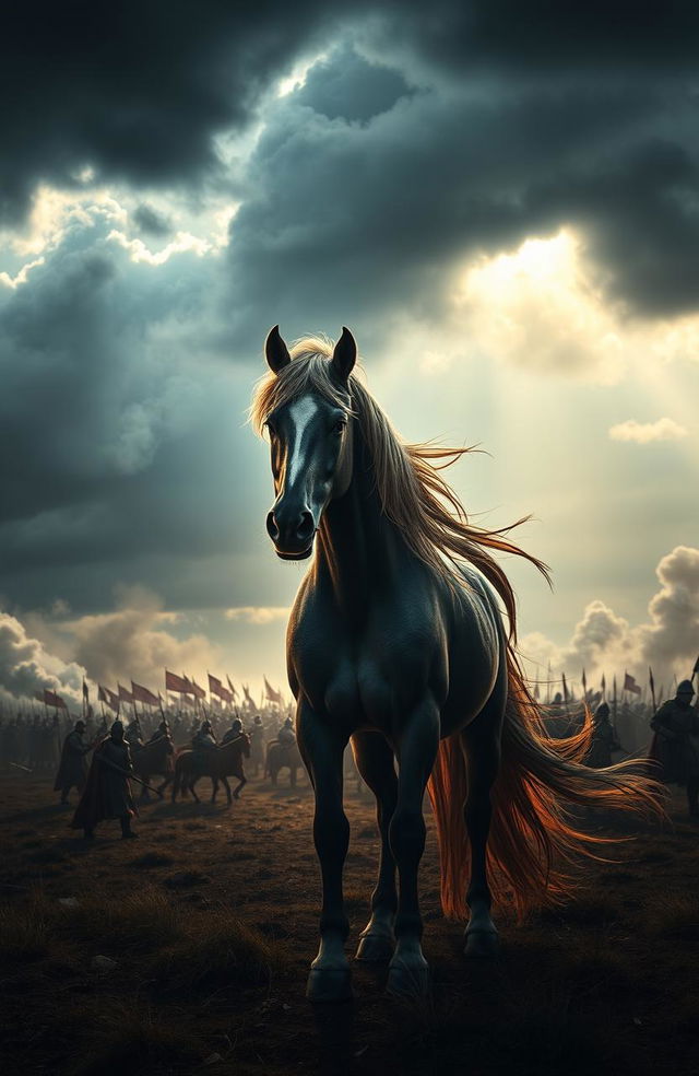 An epic scene featuring a majestic horse standing proudly in front of a battlefield