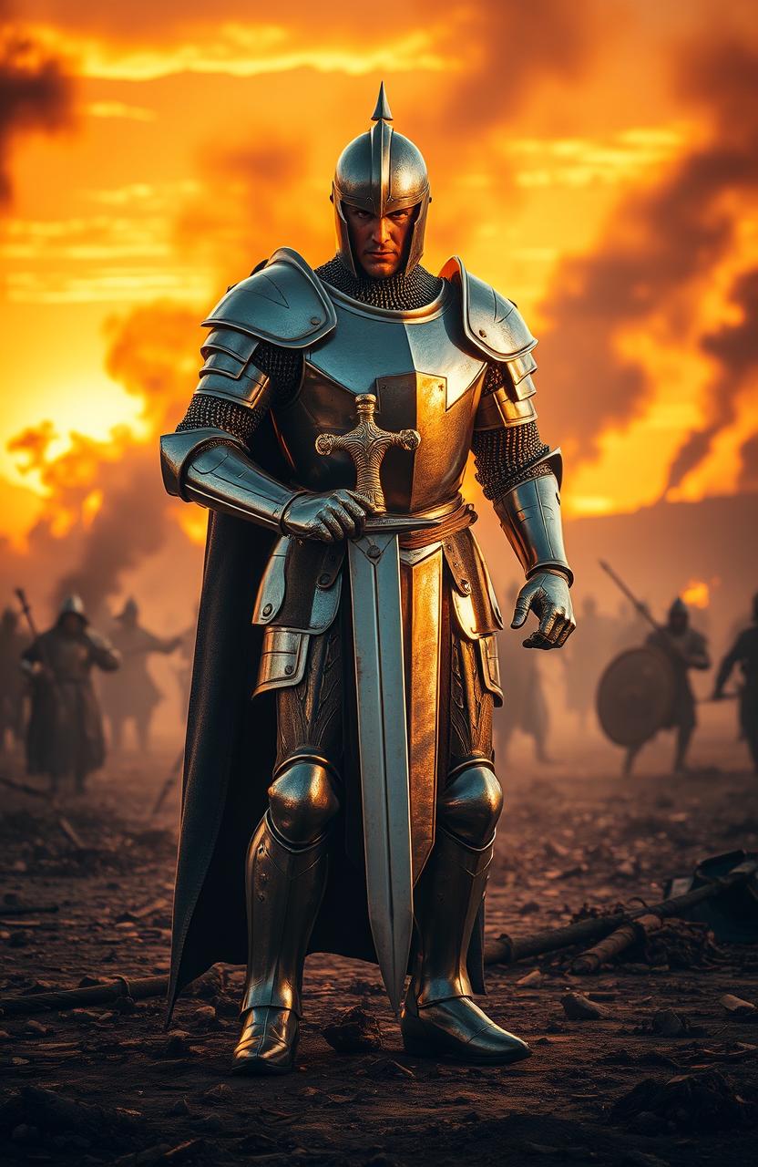 A majestic knight standing proudly in the middle of a vivid battlefield, clad in shining armor that reflects the sunlight