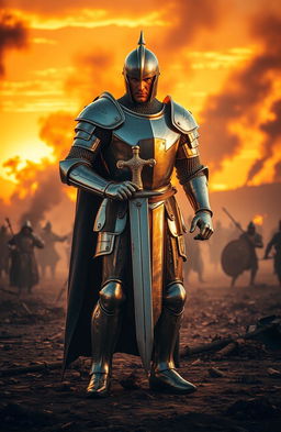 A majestic knight standing proudly in the middle of a vivid battlefield, clad in shining armor that reflects the sunlight