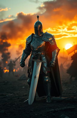 A majestic knight standing proudly in the middle of a vivid battlefield, clad in shining armor that reflects the sunlight