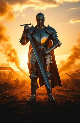 A majestic knight standing proudly in the middle of a vivid battlefield, clad in shining armor that reflects the sunlight