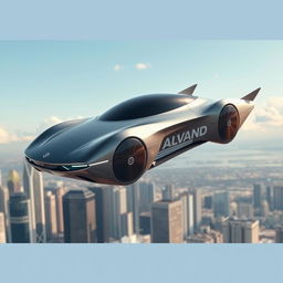 A futuristic flying car designed with a sleek and aerodynamic shape, featuring a prominent Alvand logo displayed on the side