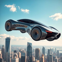A futuristic flying car designed with a sleek and aerodynamic shape, featuring a prominent Alvand logo displayed on the side
