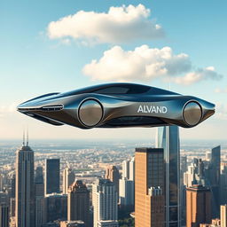 A futuristic flying car designed with a sleek and aerodynamic shape, featuring a prominent Alvand logo displayed on the side