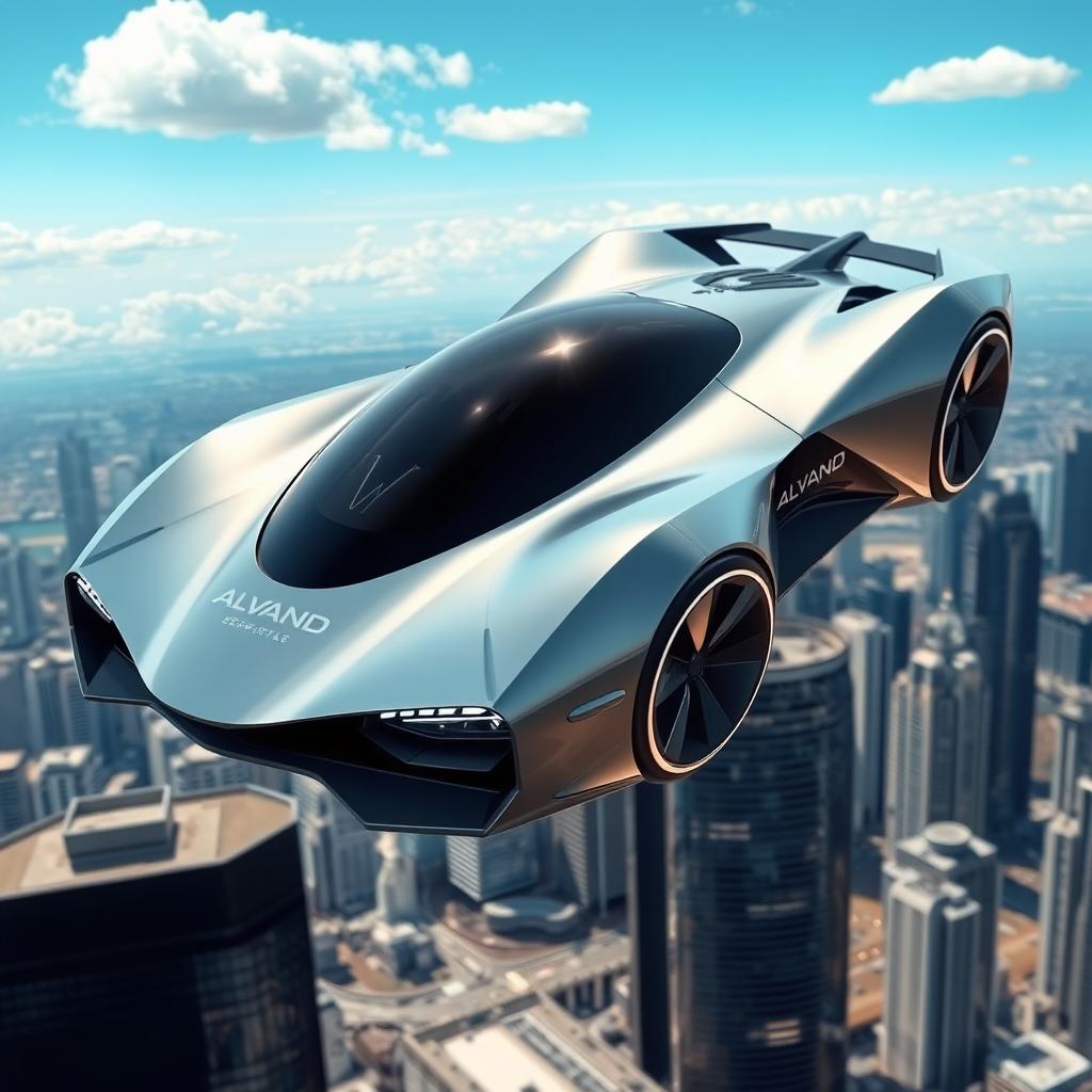 A futuristic flying car designed with a sleek and aerodynamic shape, featuring a prominent Alvand logo displayed on the side
