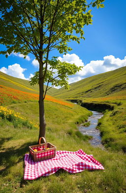 A serene landscape featuring a sunlit hillside dotted with vibrant wildflowers, a gentle stream flowing through the scene, and a clear blue sky with fluffy white clouds