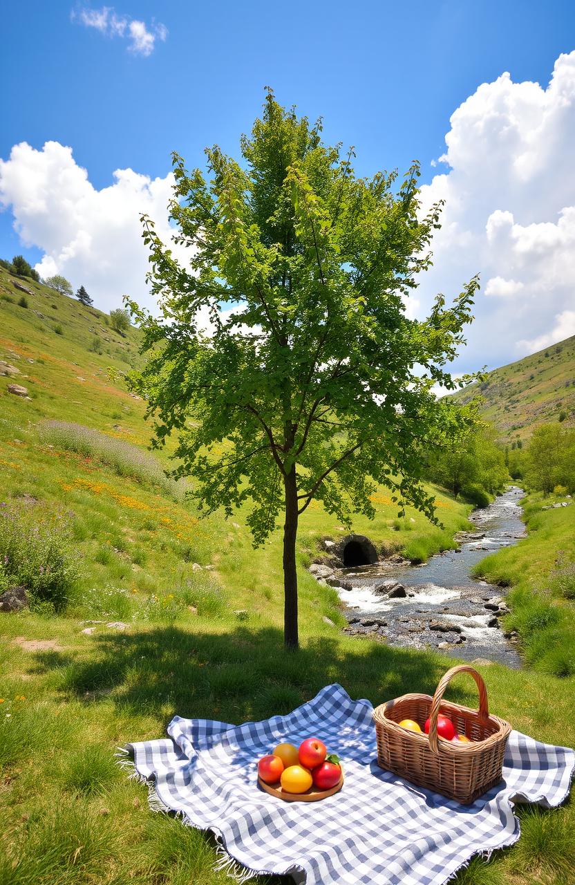 A serene landscape featuring a sunlit hillside dotted with vibrant wildflowers, a gentle stream flowing through the scene, and a clear blue sky with fluffy white clouds