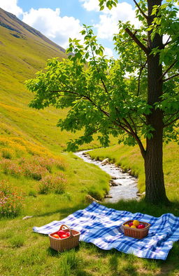A serene landscape featuring a sunlit hillside dotted with vibrant wildflowers, a gentle stream flowing through the scene, and a clear blue sky with fluffy white clouds