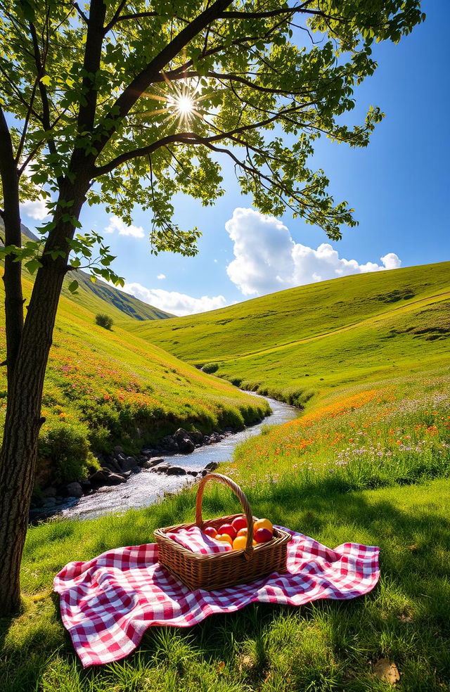 A serene landscape featuring a sunlit hillside dotted with vibrant wildflowers, a gentle stream flowing through the scene, and a clear blue sky with fluffy white clouds