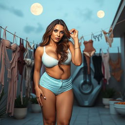 A full-body image of a 45-year-old beautiful and sexy mature woman (MILF) with long wavy brown hair and striking cyan eyes