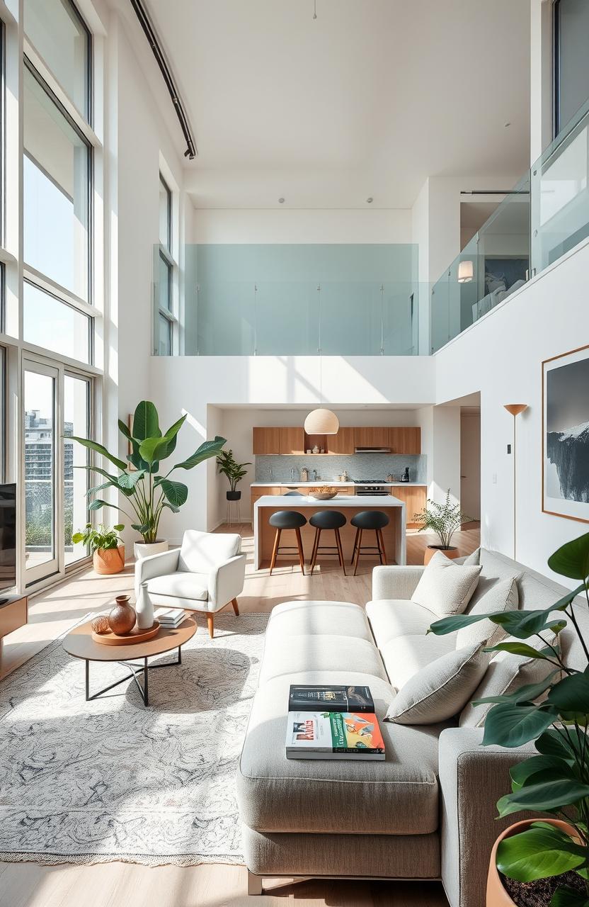 A stylish and modern apartment interior featured in a luxury magazine, showcasing an open-concept living space with large windows allowing natural light to flood in, high ceilings, and elegant furniture