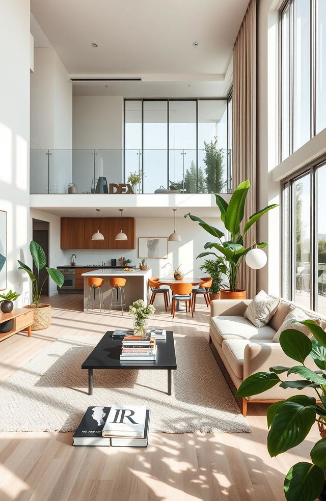 A stylish and modern apartment interior featured in a luxury magazine, showcasing an open-concept living space with large windows allowing natural light to flood in, high ceilings, and elegant furniture