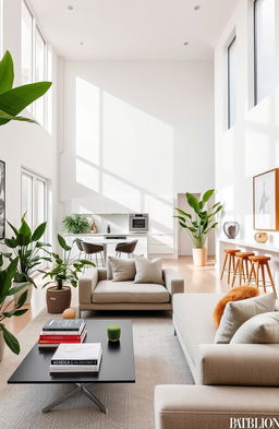 A stylish and modern apartment interior featured in a luxury magazine, showcasing an open-concept living space with large windows allowing natural light to flood in, high ceilings, and elegant furniture