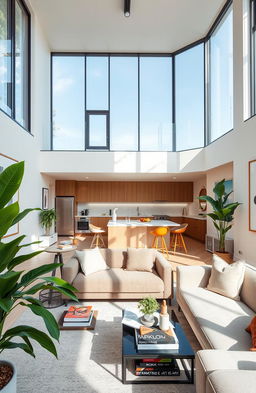 A stylish and modern apartment interior featured in a luxury magazine, showcasing an open-concept living space with large windows allowing natural light to flood in, high ceilings, and elegant furniture