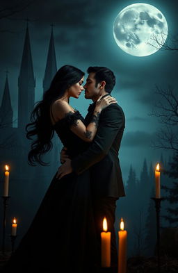 A dark romance scene capturing an intense moment between two lovers in a gothic setting