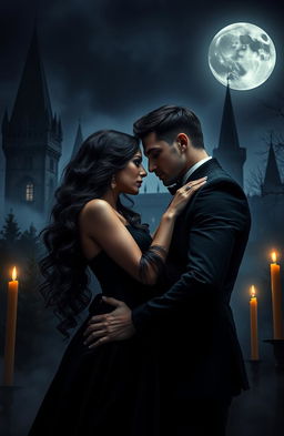 A dark romance scene capturing an intense moment between two lovers in a gothic setting