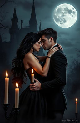 A dark romance scene capturing an intense moment between two lovers in a gothic setting