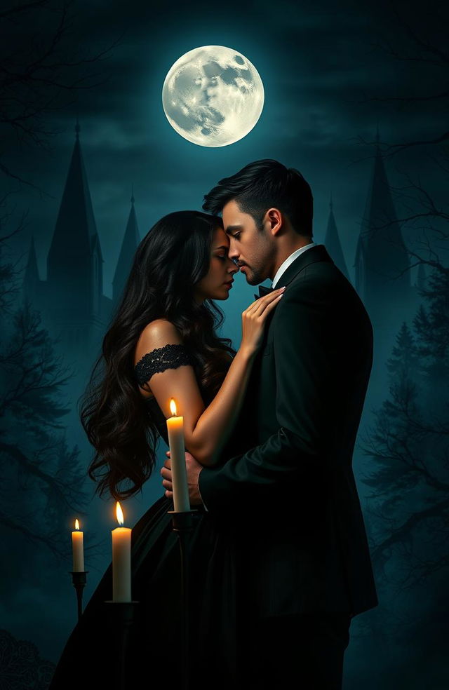 A dark romance scene capturing an intense moment between two lovers in a gothic setting