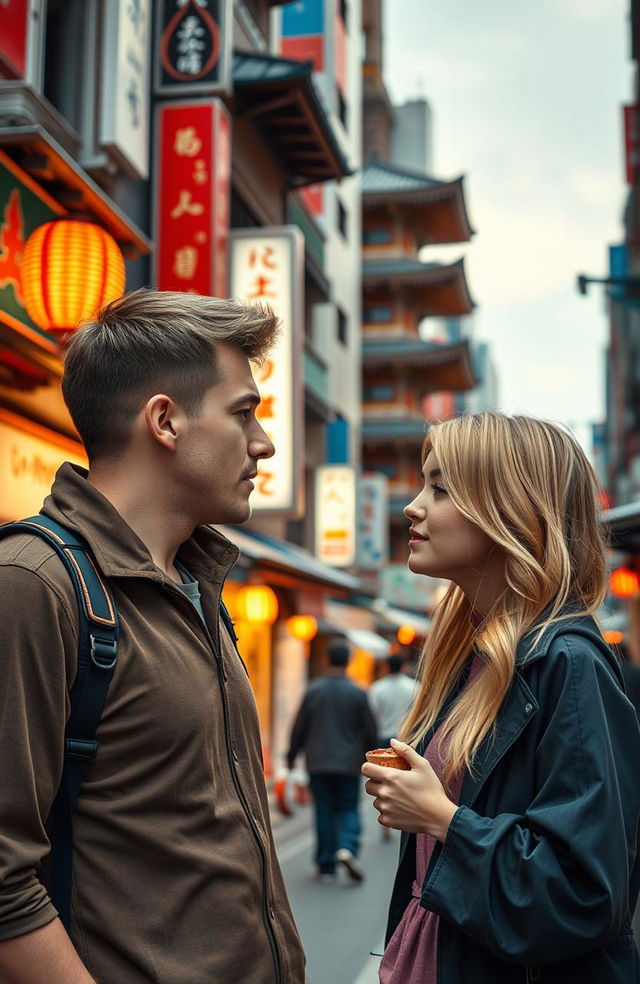 A romantic and introspective scene depicting a man on a training journey in Japan, encountering Kariin Tiitar, a captivating, blonde woman from Estonia