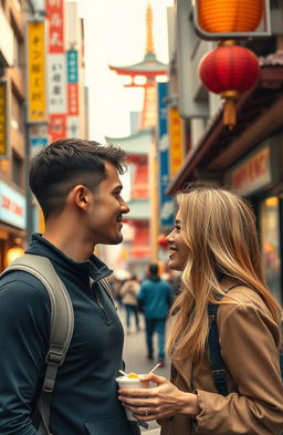 A romantic and introspective scene depicting a man on a training journey in Japan, encountering Kariin Tiitar, a captivating, blonde woman from Estonia