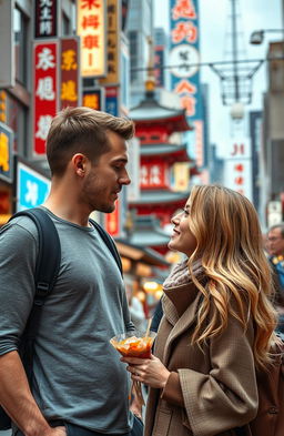 A romantic and introspective scene depicting a man on a training journey in Japan, encountering Kariin Tiitar, a captivating, blonde woman from Estonia