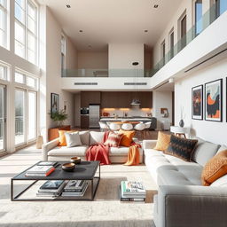 A sophisticated and modern apartment interior featured in the magazine "The Jubilee Chronicles", showcasing an open-concept living area filled with luxury design elements